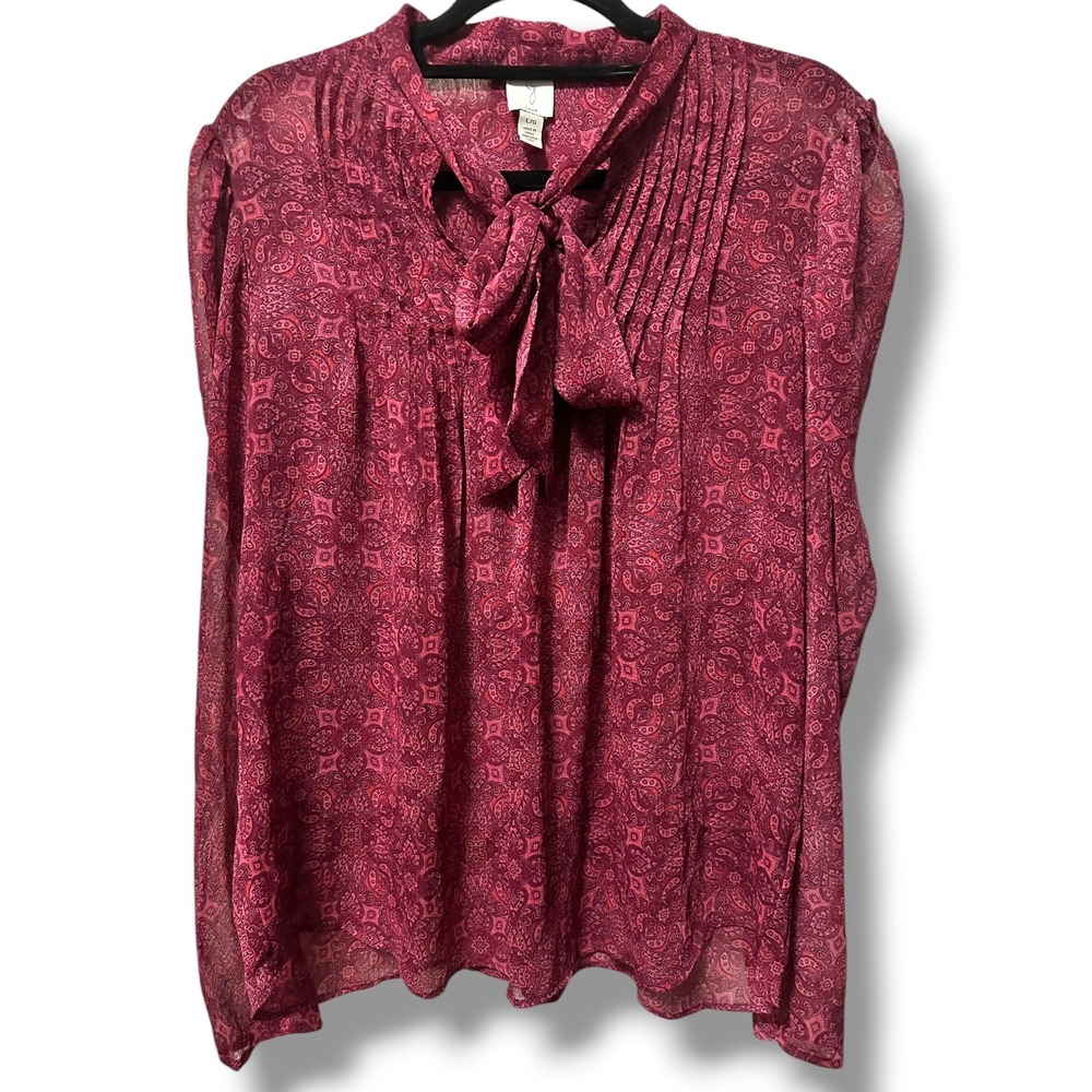 Joie Tie Neck Blouse Women's L Magenta Paisley‎ Sheer Top Puff Long Sleeve